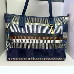Fossil Canvas Work/Everyday Tote Blue Stripe Large Shoulder Bag Key Charm